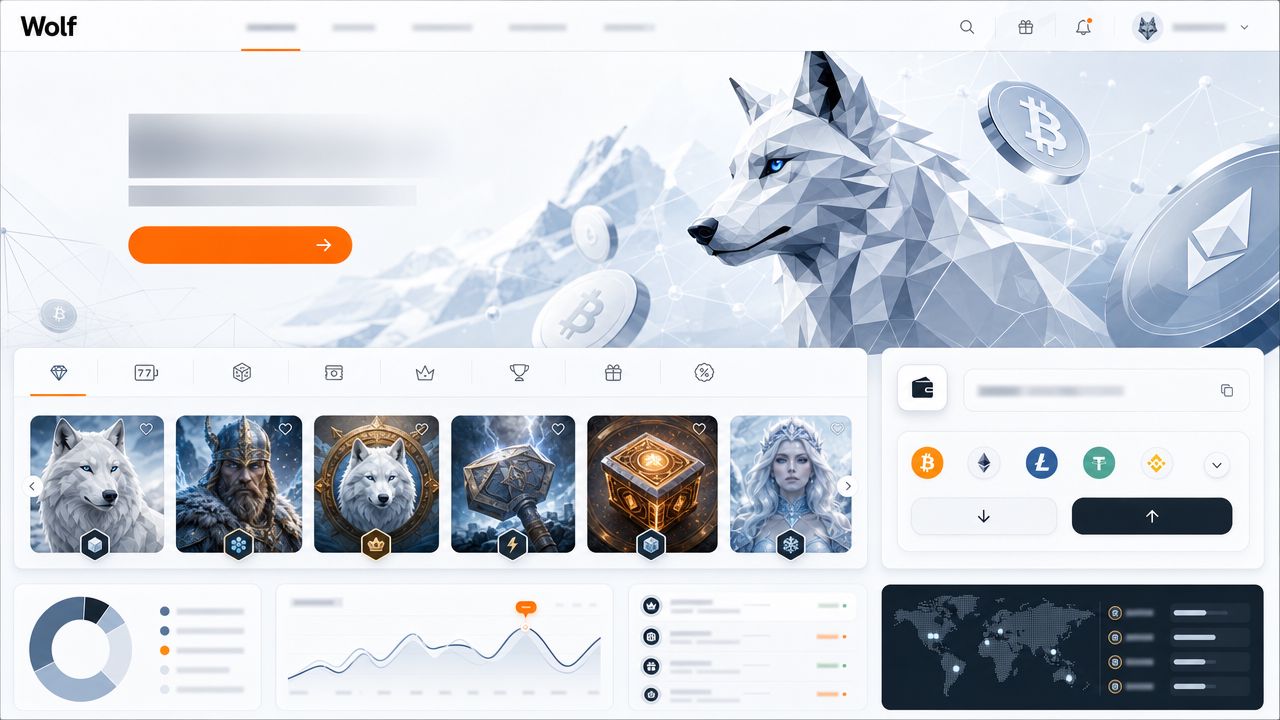 Startseite des Krypto-Casinos Wolf.io mit geometrischem Wolf-Motiv