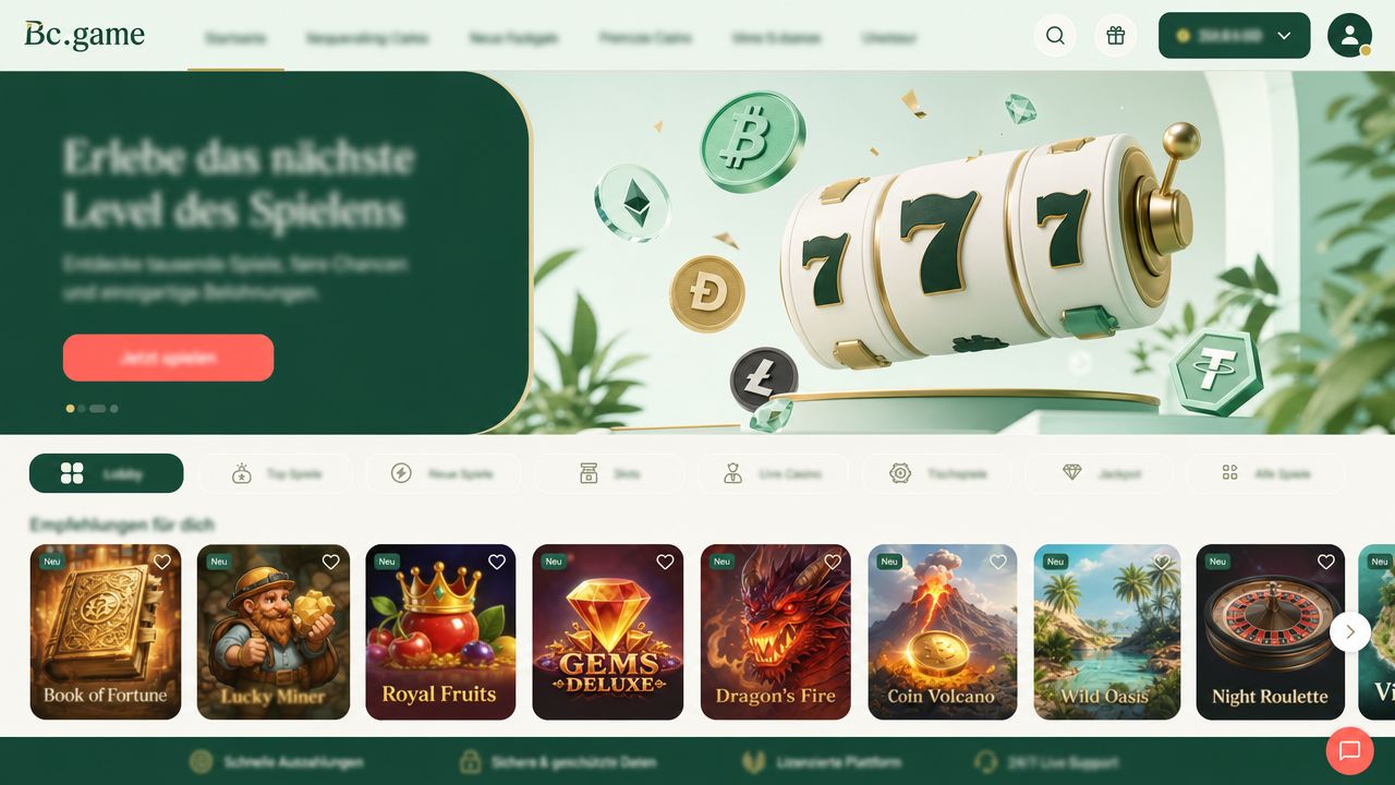 Startseite von Bc.game mit Spielkategorien und Spielautomaten