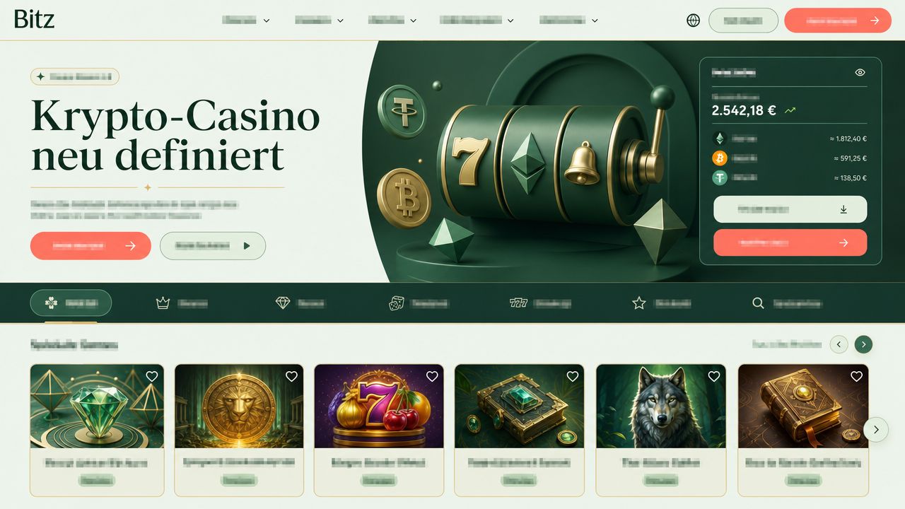 Startseite des Bitz Casinos mit Slot-Kacheln, Kategorien und Wallet-Bereich