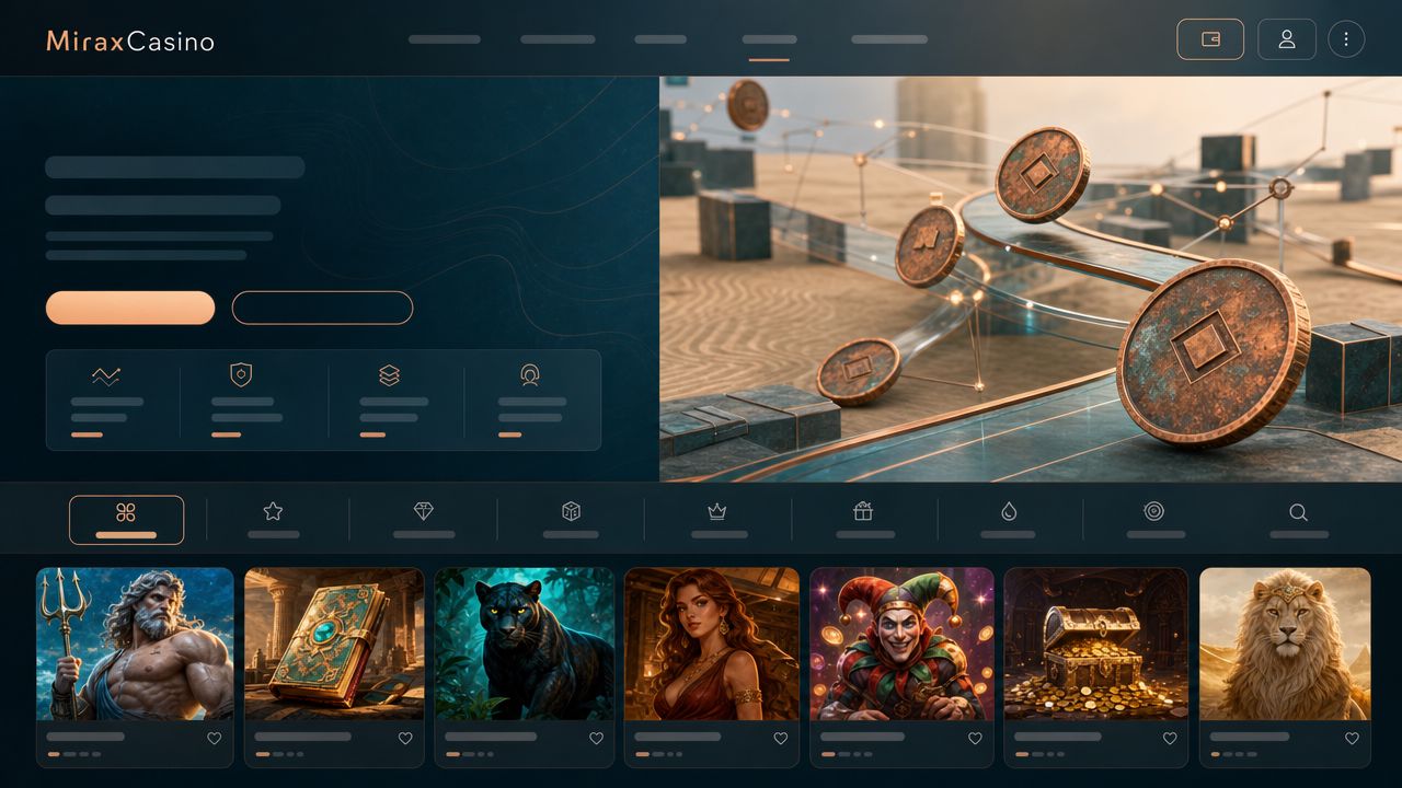 Desktop-Startseite von MiraxCasino mit Kategorien und Slot-Kacheln