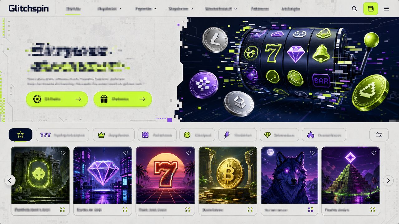Startseite von Glitchspin mit Spielautomaten und Spielkategorien