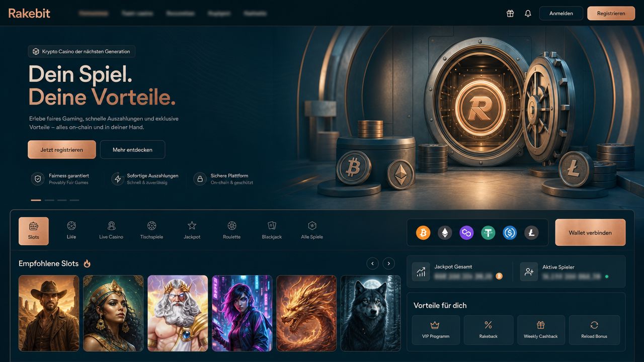 Startseite von Rakebit mit Spielkategorien und Wallet-Symbolen